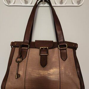 Fossil Vintage Reissue Revival Brown Metallic Leather Shoulder Bag Tote Like New